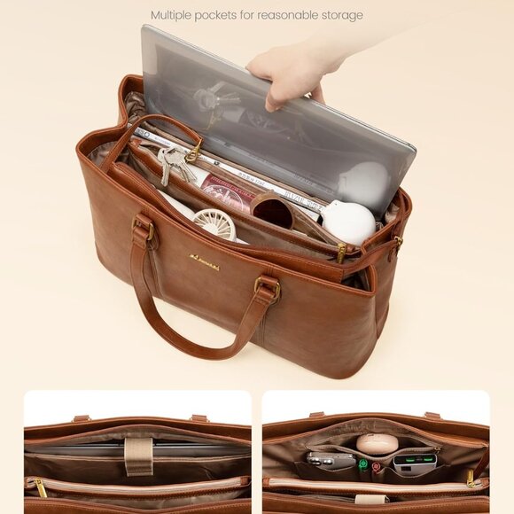 Laptop Tote Bag for Women,Work Tote with Wristlet,PU Leather Computer Bag for Te - Picture 4 of 8